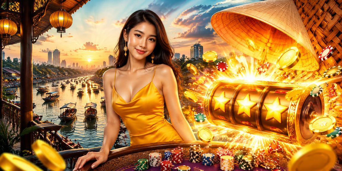 Khung cảnh Mekong với slot game và nón lá cho người chơi di động